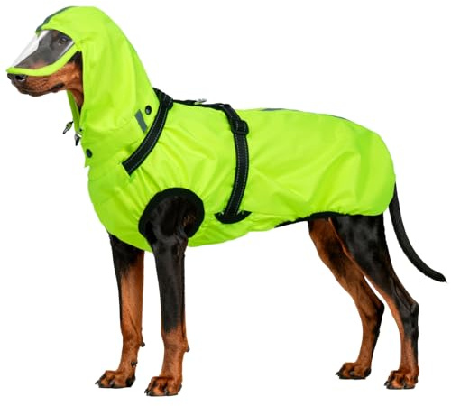 OUOBOB Hunderegenmantel wasserdicht, Regenjacke mit reflektierenden Streifen, H-Brustgeschirr (D-Ring) & Abnehmbarer Kapuze mit Visier, Ideal für mittelgroße/große Hunde [Neon Grün, Größe 3XL]