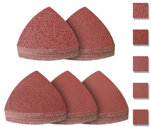 PMIQSA TriáNgulo De Lijado Delta, 100 Piezas Papel de Lija Triangular Hojas de Lija Triangulares, 93 x 93 x 93 mm 5 Granos 40/80/120/240/400 Lijado y Pulido para lijadoras delta