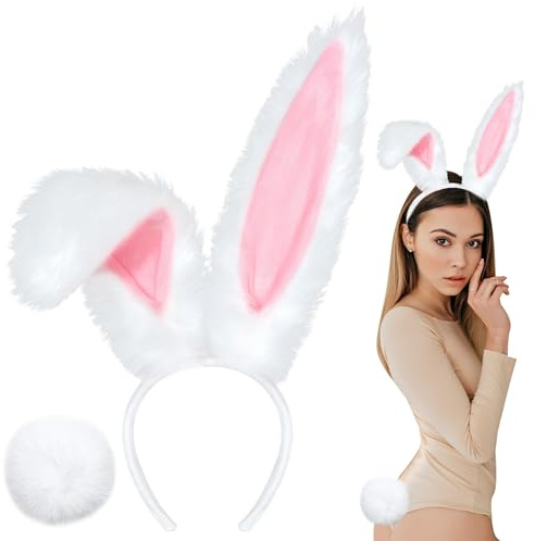 Bunny Ears Headbands and Tail, Easter Bunny Costume Long Furry Rabbit Ear Headband, Halloween Party Cosplay White Bunny Ears Costume Hair Accessories for Adult Women