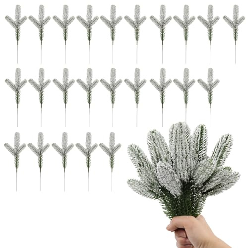 DINGFDENG 24 rami di abete artificiali, effetto neve, decorazione | invernale realistica per Natale, ghirlande di neve, ghirlande, antigelo fino a -30 °C (effetto neve permanente)
