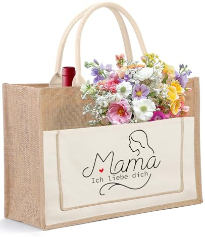 Mngevcy Mutter Jutetasche Personalisiert, Jutebeutel groß, JJute-Einkaufstasche mit Spruch, Jutebeutel bedruckt als Geburtstagsgeschenk, Jute Shopper Bag Geschenke für Mama, Weihnachten Muttertag