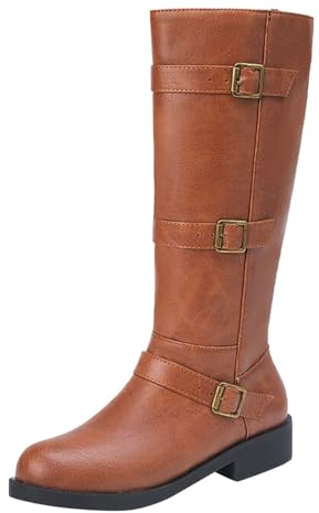 Generisch Stivali da equitazione da donna, con punta tonda, in tinta unita, alla moda, alla moda, stivaletti tradizionali Slouch, marrone, 38.5 EU