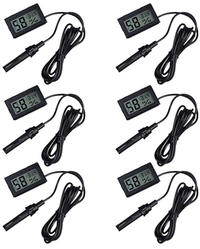 ARCELI Lot de 6 thermomètres/hygromètres numériques 2 en 1 LCD embarqués avec externe pour incubateur de reptile, d'aquarium, de volaille, noir