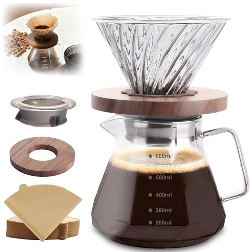 innislink 600ml Pour Over Coffee Maker, 20oz Borosilicate Glass Coffee Server, Clear Brew Drip Coffee Maker Carafe with 100pcs Paper Filter, Walnut Handle & Glass Lid, for Home Café Restaurant Camping