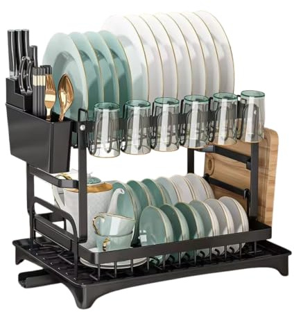 YOSTECH Large Capacity 2-Tier Dish Drainer Rack with Draining Board, Cup and Cutting Board Holders and a Sleek Black Design, Ideal for Tidy and Organized Kitchens