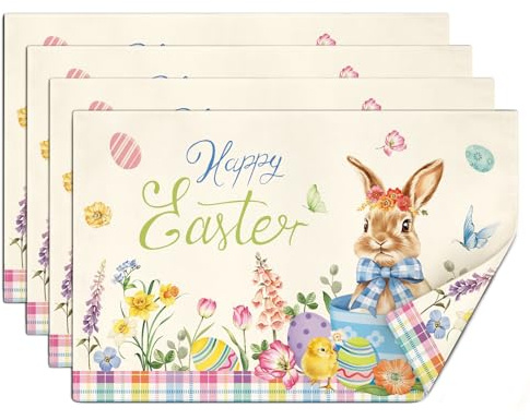 comfoyar Ostern Hase Osterei Platzsets 4er Set, rutschfeste Leinen Blume Küken Tischsets Waschbare, Rechteckig Platzdeckchen für Innen, Küche, Esszimmer Partytisch Dekoration(30x45cm)