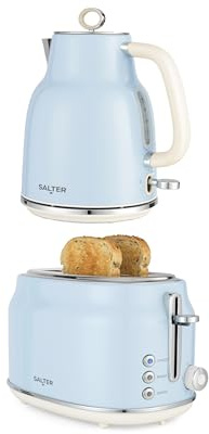 Salter Retro Kettle & 2-Slice Toaster Set - Wide Slots, 3KW Rapid Boil, 6 Browning Levels, 360° Base, Removable Limescale Filter, Defrost, Reheat & Cancel, High-Lift Eject, Removable Crumb Tray, Blue | 3kW Rapid Boil, 360 Degree Base, Wide Slots, 6 Browning Levels, Defrost Reheat Cancel, Removable Crumb Tray, Filter
