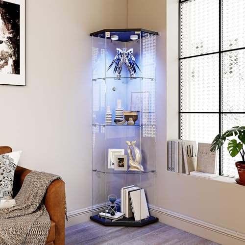 Glasmonter med LED, Pentagon samlingsmonter, transparent glasmonter med 4 hyllor med 1 dörr, golvstående modern härdat vitrin för vardagsrum, bar, sovrum, kontor (D)