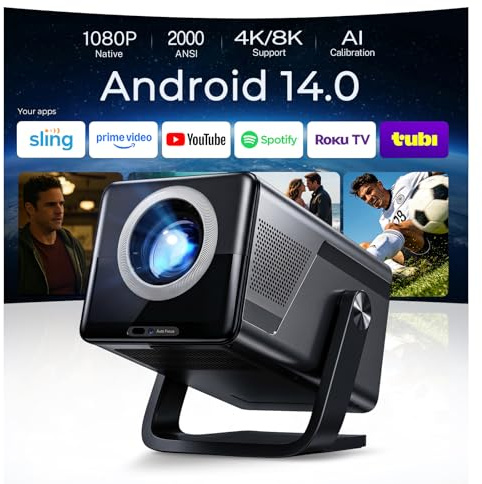 [2000 ANSI Daylight Visible] Native 1080P Smart Video Projector 4K 8K Input, Android 14 Projecteur Portatif with HiFi Sound, Auto Focus & Keystone, WiFi Bluetooth Home Theater for iPhone/Netflix X7