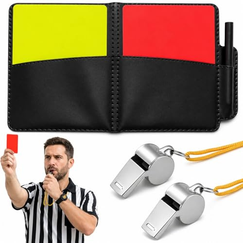 QLK Set Carte Arbitro Rosse e Gialle con Fischietti in Metallo e Laccetto, Portafoglio con Matita per Sport