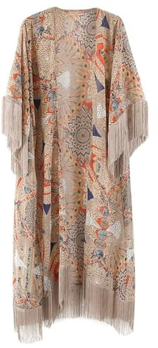 Otbushit Cardigan Kimono in Chiffon a Mezza Manica da Donna, Copricostume Bikini con Nappe con Frange, Copricostume Lungo Floreale retrò Boho
