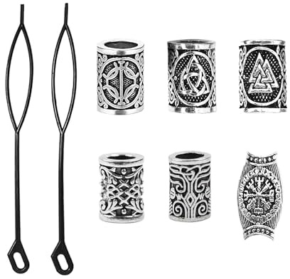 TUKEVA 6 Pièces Perles de barbe Viking,Avec 2 fil à cheveux,Viking Homme Perle à Barbe,Perles de Rune Viking Nordiques,Unisexe Pour barbe et cheveux (Argenté)