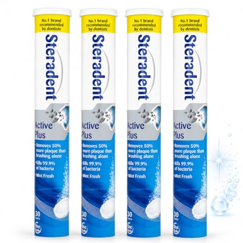 Stera Dent Active Plus Denture Cleaning Tablets, 4 Pack – 120 Tablets, False Teeth, Retainer, Denture & Mouth Guard Cleaner for Fresh Hygiene and Stain Removal
