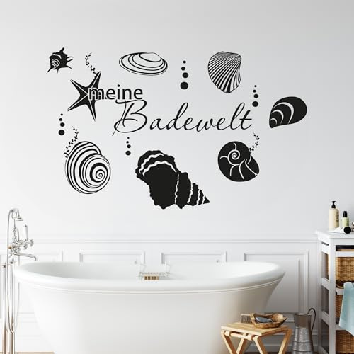 GRAZDesign Wandtattoo Bad Badewelt mit Muscheln Meer | Türaufkleber für Badezimmer, Wellnes - 48x30cm / 070 schwarz