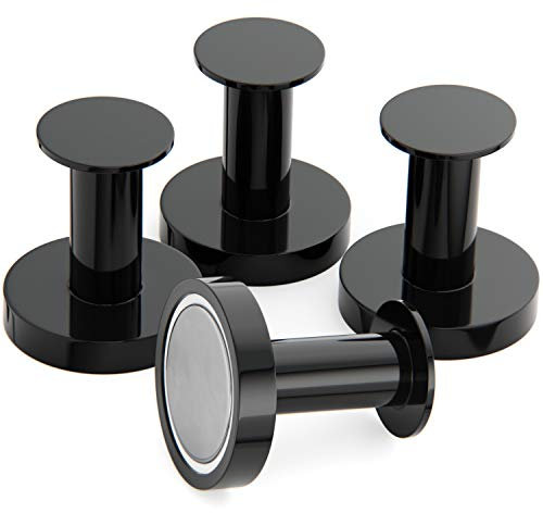 Mavoro Strong Magnetic Hooks for Hanging Coats and Bags. Set of 4 Black Magnet Hooks Heavy Duty Magnets, Neodymium 52 Rare Earth Magnets. Push Pin Style Magnet Hook for Refrigerator, Locker etc