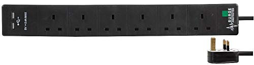 PRO ELEC PEL00116 6 Way 2 USB Surge Protected Extension Lead, 1m, Black