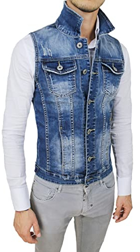 Evoga Giubbotto Smanicato di Jeans Uomo Blu Denim Cardigan Gilet Giacca Casual (XXL, Blu Denim)