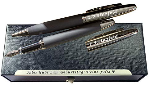 Juwelier Schönschmied Schreibset BLACK ELEGANCE mit Gravur Füller mit Gravur schwarze Geschenkbox mit Schublade & Schmuckkante - Gun-Metall-Optik mit gummierter Griffzone Schreibset PS7