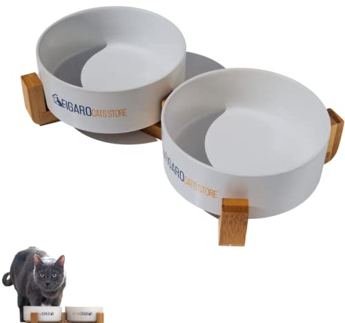 FIGARO CATS STORE - SET DUE CIOTOLE IN CERAMICA E LEGNO BAMBÙ PER GATTI: Set ciotola doppia con stand in legno leggero, per cani o gatti (Grigio)