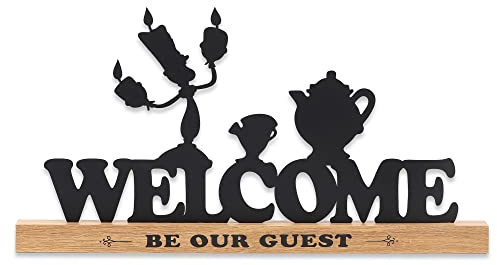 Disney Die Schöne und das Biest Welcome Be Our Guest Tischdekoration, Lumiere, Chip und Mrs. Potts Metall-Silhouetten auf Naturholzsockel | Lumiere, Chip und Mrs. Potts Metall-Silhouetten auf Naturholzsockel