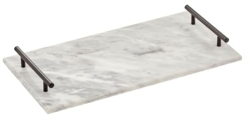mDesign Thin Marble Pastry Board, Cutting Slab Kitchen Serving Tray with Deco Handles for Baking, Chopping, and Rolling - Serve Bread, Candy, Chocolate, Cheese, and Appetizers - Marble/Black