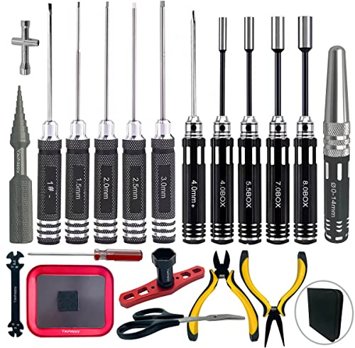20 in 1 RC Tool Kit, Flat/Phillips/Hex Screwdriver Set, Wheel Wrench, Body Shell Reamer, Nut Socket Spanner, Repair Tools for 1/18 1/16 1/8 1/10 RC Cars Quadcopter Helicopter Airplane