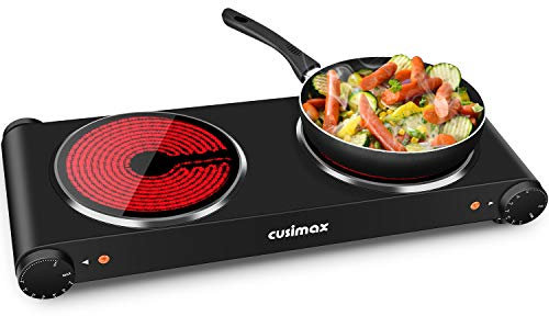 Double Hot Plate, CUSIMAX 2400W Electric Hob Ceramic Hot Plate, Portable Double Camping Hob Infrared Cooktop with Dual Temperature Control, Easy to Clean, Black Stainless Steel