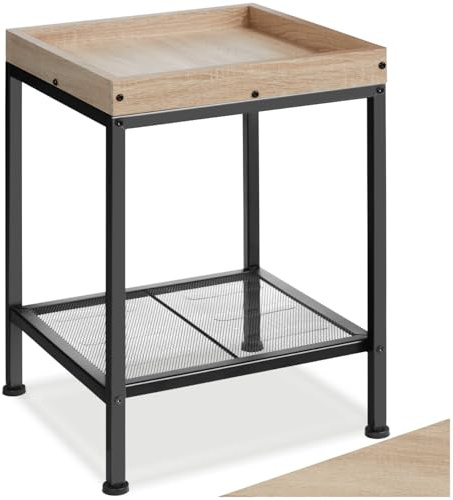tectake® Beistelltisch Holz Metall, Nachttisch mit Strauraum, Tablett Tisch mit Ablage, Deko Wohnzimmer Möbel, Blumenständer, Pflanzenständer, Deko Schlafzimmer - Industrial Holz Hell, Eiche Sonoma