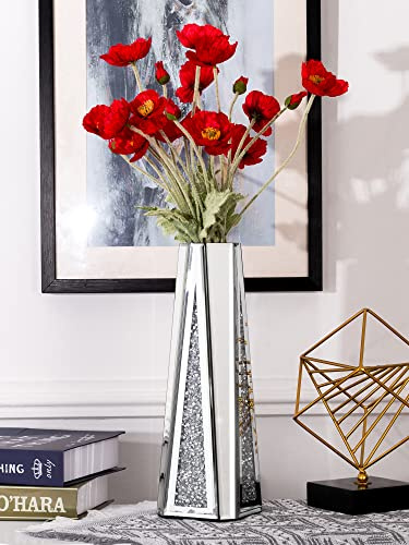 SHYFOY Große Vase für Trockenblumen 33cm Deko Vase Silber Glas Blumenvase mit Kristall Dekoration für Zuhause Wohnzimmer Esstisch Hochzeit