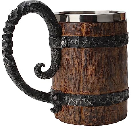 JINGAN Jarra de cerveza de acero inoxidable – Taza de café vikingo imitación barril de madera de 550 ml – Vasos de acero inoxidable antifugas con asa, taza de cóctel medieval hecha a mano