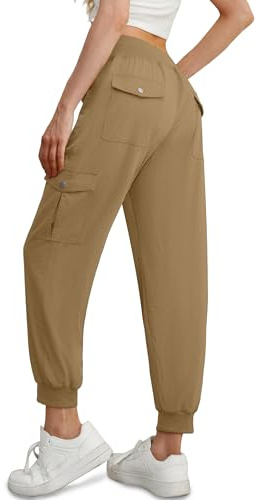 GRECERELLE Casual Walking Cargo Trousers Women Summer Hiking Pants for Ladies UK with Elastic Waist Cuffed Ankles and 6 Pockets Ideal for Outdoor Streetwear (Coffee, M)