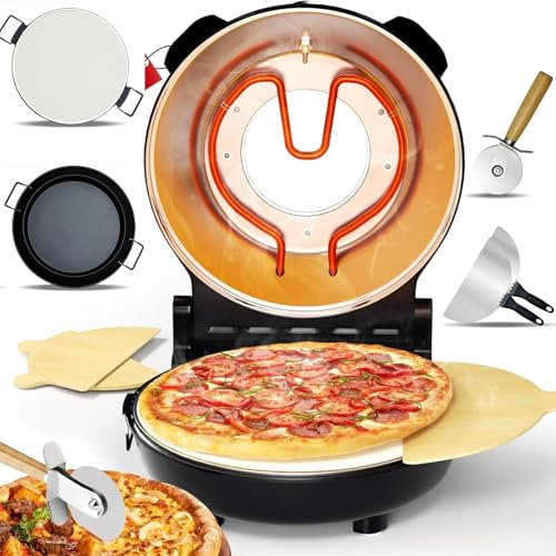 Electric Pizza Oven Countertop - Built-in Thermometers + Timer + Viewing Window, 12 Indoor Pizza Oven Pizza Maker - Heats Up to 420℃, Pizza Stone & Grill Pan