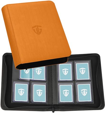 TCGUARD Toploader Album de cartes à collectionner pour 112 Toploader, 4 compartiments avec pochettes pour cartes Rigid Toploader de 7,6 x 10 cm pour TCG, cartes MTG (orange)