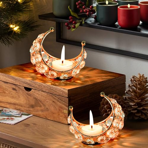 KRIPINC Lot de 2 Porte Bougie Doré en Forme de Lune avec Perles en Cristal | Bougeoirs pour Bougie Chauffe-Plat, Photophore Bougie en Métal pour Mariage, Fête, Halloween, Noël, Ramadan, Aïd el-Fitr