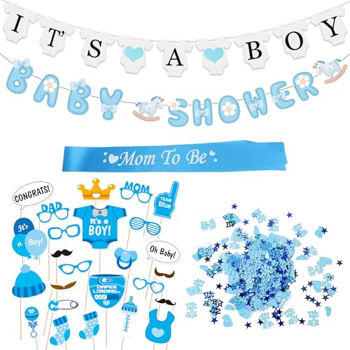 Blue Baby Shower Decorations Boys - 46 Pieces Gender Reveal Decoration Kit It's a Boy Banner Mum to Be Sash, Confetti Photo Booth Props Bunting for Glitte Boy Birthday Party Supplies