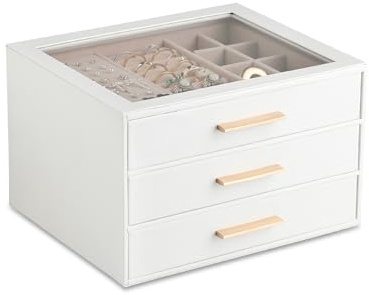 Frebeauty 3-Layer Jewellery Box with Clear Lid & Drawer for Women Girls