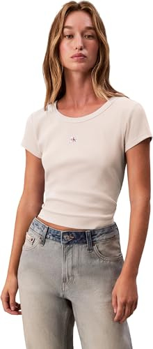Calvin Klein jeans dam A- vävd etikett 2 x 2 ribbad baby t-shirt LV047C200G t-shirts, grå (vaniljljung), L, Grå (vanilj ljung), L