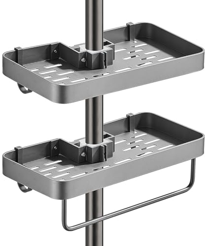 AWIYTE Support de Douche sans Perçage pour Barre de Douche, Étagère de douche Antirouille avec Crochet et Porte-serviettes, Support de Rangement de Douche pour Barre de 18 à 25 mm, 2 Paquets, Gris
