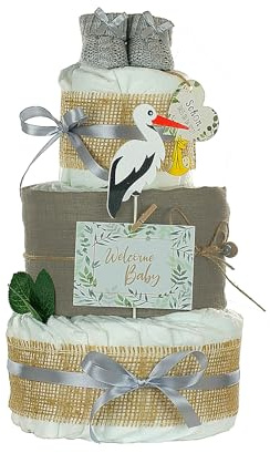 Premium Windeltorte Storch mit Bündel | inkl. Babybooties und Mullwindel | 3-stöckig (grau)