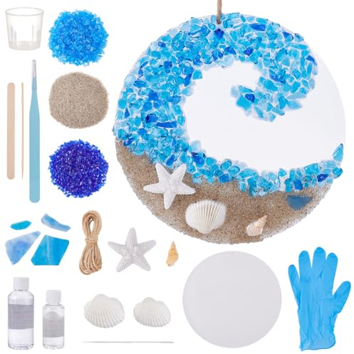 WEBEEDY Sea Glass Suncatcher Ornament Ocean Crashing Wave Beach Ornament Handmade Ocean Sea Glass Resin Hanging Kit with Instruction for Adults Beginners Home Decor Beach Art Project
