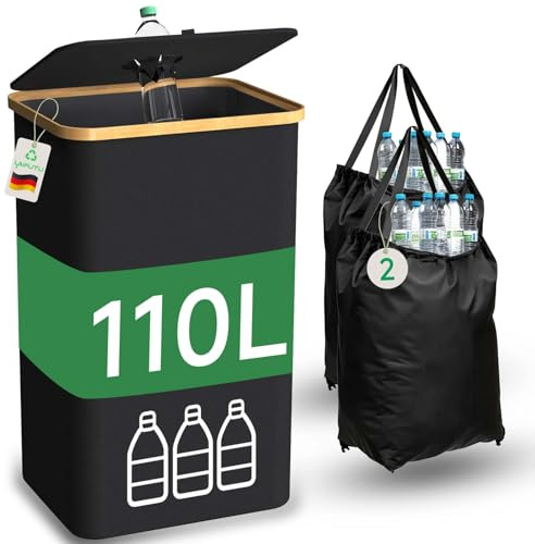 LaifuTu 110L Pfandflaschen Sammelbehälter mit Deckel & 2 Tragetasche, Faltbar Pfandflaschen Behälter, Multifunktional Flaschensammler Leergut, Leergut Sammelbehälter für Küche und Lagerraum
