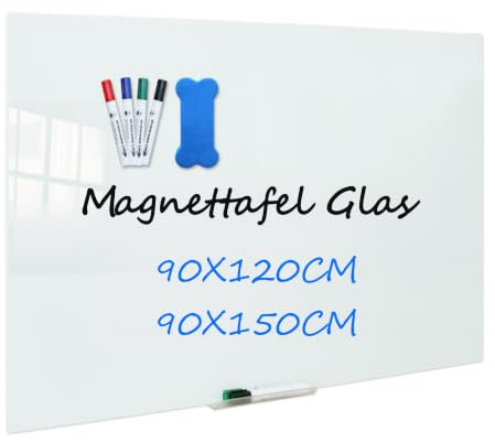 XIWODE Magnettafel Glas 90x120 Weiß - Hochwertiges Rahmenloses Whiteboard, Abwischbare Glas-Pinnwand Große mit Zubehör (4 Marker, 2 Magnete, Schwamm) für Büro & Zuhause