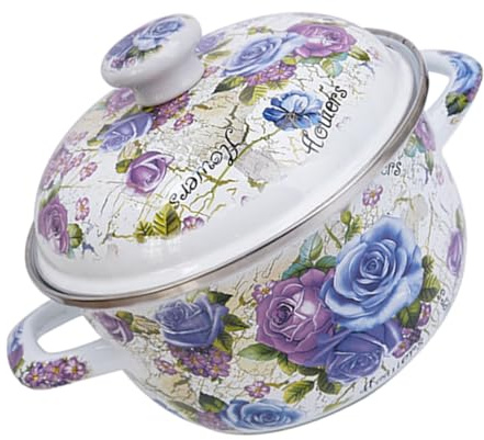 Alipis Enamel Household Soup Pot with Lid Thickened Two Handle Stew Pot Acid and Alkali Resistant Easy to Clean Beautiful Flower Pattern for Gas and Induction Stove