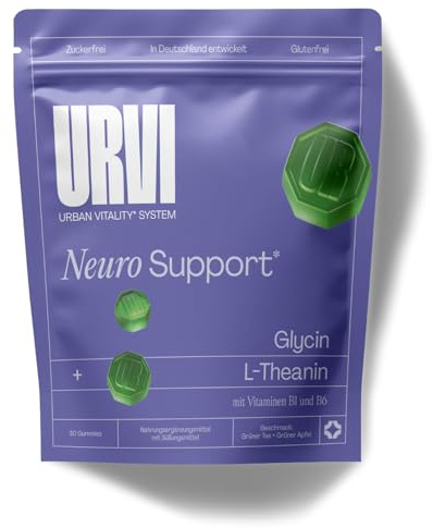 URVI® L-Theanin & Glycin Gummies 4-in-1 – mit Vitamin B1 & B6 für normale Nervenfunktion – Neuro Support – Zuckerfrei, Glutenfrei – Grüner Tee & Apfel Geschmack – 30 Gummies*