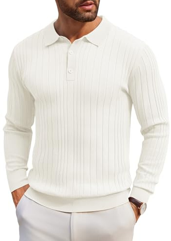 COOFANDY Suéter Tipo Polo de Punto para Hombre Manga Larga Polo Informal Color Liso A-Blanco XL