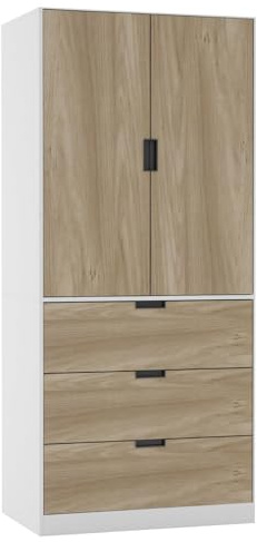 URBNLIVING Modern 2 Door Wardrobe with 3 Drawers & Hanging Rail, Stylish Freestanding Storage, Spacious Interior, Durable Chipboard Build, Easy to Assemble Bedroom Furniture