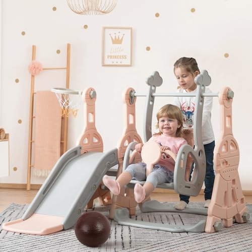 Tobogán para niños 4 en 1 Tobogán exterior interior para niños con canasta de baloncesto, columpio, kit de juego de escalada autoportante, conjunto de toboganes de plástico para niños (Rosa)