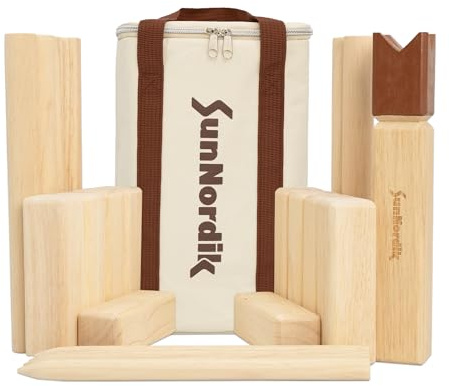 SunNordik Kubb Jeu d'échecs géant Viking avec sac de transport, jeu de pelouse en bois d'hévéa pour enfants et débutants