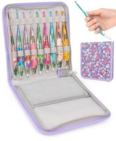 Coopay Resin Crochet Hooks Set, 9 Sizes Floral Crochet Hook, 2.0mm-6.0mm | Bling Floral Crochet Hook with Case, Ergonomic Resin Grips for Arthritis, Handmade Aluminum Crochet Needles for Beginners