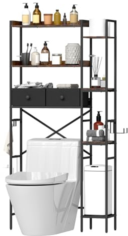 SOCOMFAY Toilettenregal Einfache Montage für Badezimmer, Braun | Wasserdicht, Platzsparend, mit Körben Haken, Ohne Bohren, Metall & Holzwerkstoff, Vielseitig einsetzbar, Höhenverstellbar